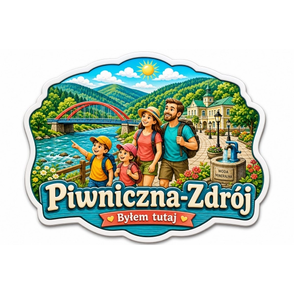 Pamiątkowy magnes Piwniczna-Zdrój z widokiem krajobrazu i zabudowy