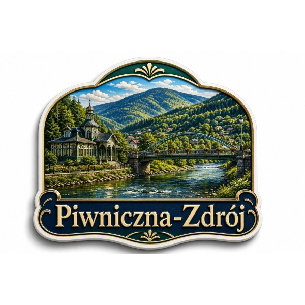 Pamiątkowy magnes Piwniczna-Zdrój z krajobrazem rzeki i mostu