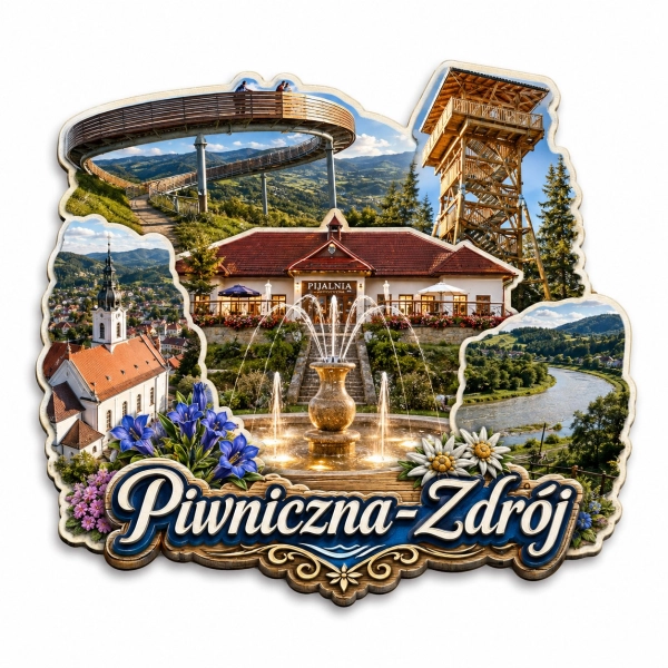 Pamiątkowy magnes Piwniczna-Zdrój z regionalnym motywem