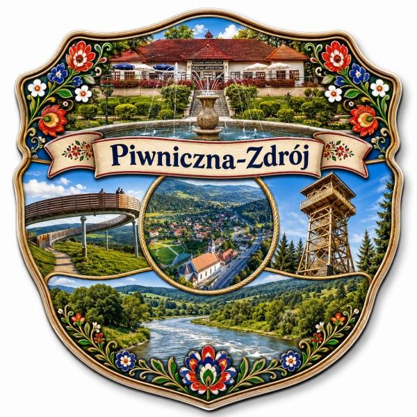 Magnes pamiątkowy Piwniczna-Zdrój z motywem pałacu, fontanny, mostu, wieży widokowej i rzeki