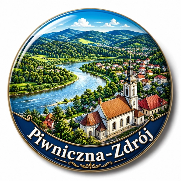 Magnes Piwniczna-Zdrój przedstawiający krajobraz z kościołem, rzeką, lasem i górami