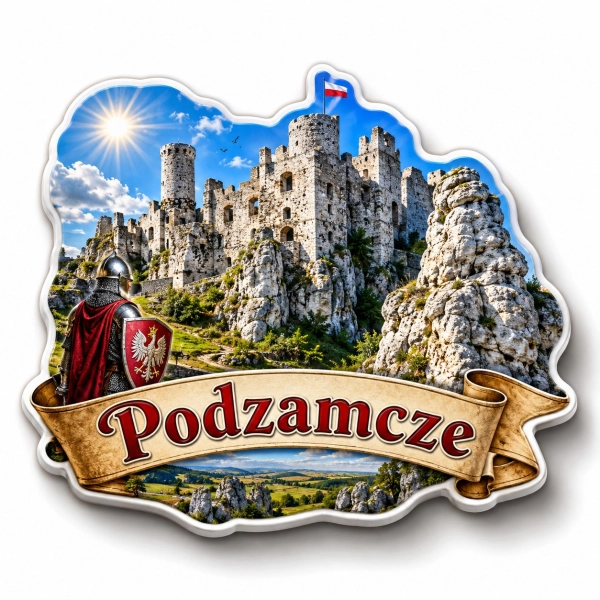 Magnes pamiątkowy Podzamcze z motywem zamku, polską flagą i rycerzem