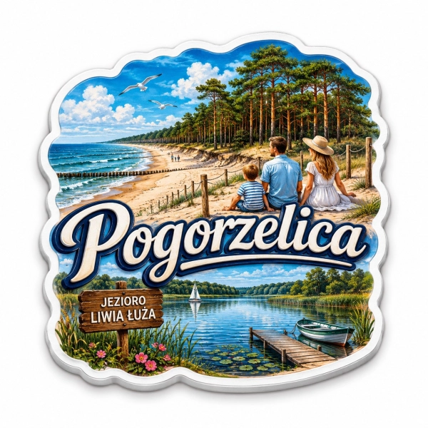 Magnes pamiątkowy Pogorzelica z widokiem plaży i jeziora Liwia Łuża