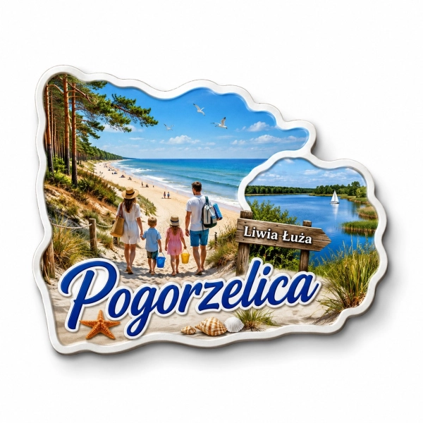 Pamiątkowy magnes z motywem plaży w Pogorzelicy, jeziora Liwia Łuża i drewnianego słupka z nazwą jeziora