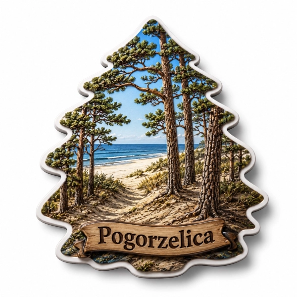 Magnes pamiątkowy z Pogorzelicy z widokiem na plażę i morze pośród sosen