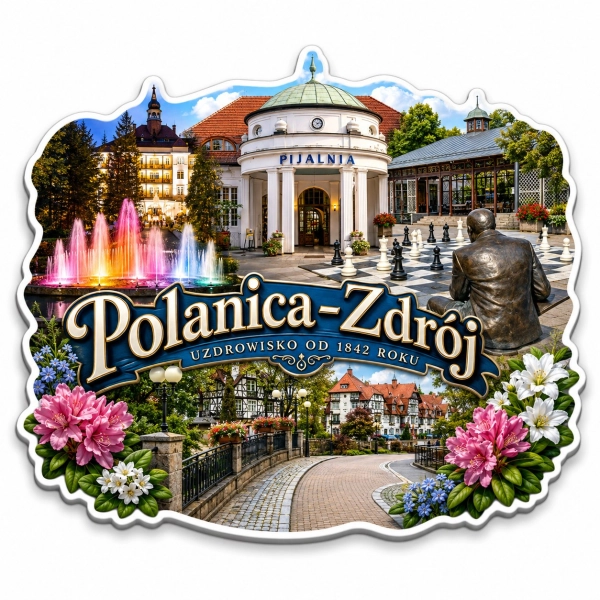 Magnes Polanica-Zdrój przedstawiający pijalnię z fontanną i kwiatami