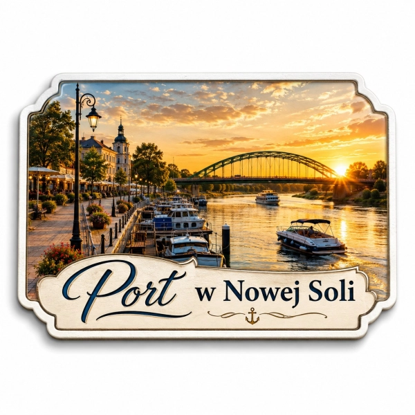 Magnes pamiątkowy przedstawiający port w Nowej Soli, rzekę Odrę i most
