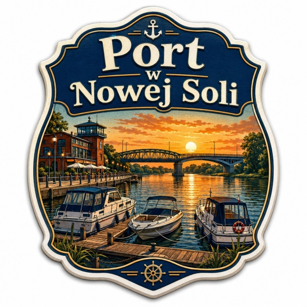 Magnes pamiątkowy przedstawiający port w Nowej Soli o zachodzie słońca