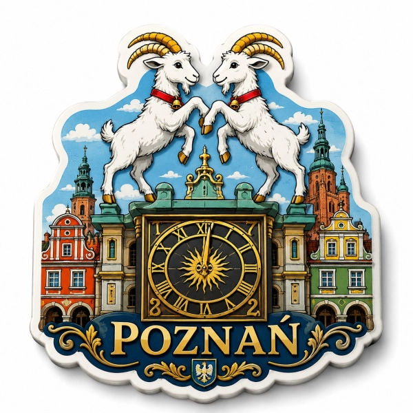 Magnes turystyczny z herbem Poznania na białej płycie HDF