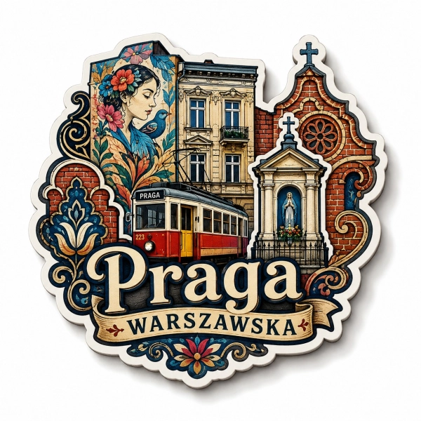 Magnes pamiątkowy Praga-Północ w Warszawie z tramwajem, budynkiem z motywem kwiatowym i kapliczką z figurą Matki Boskiej