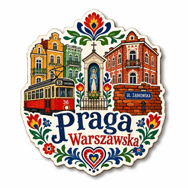 Pamiątkowy magnes Praga Warszawska z motywem ul. Ząbkowskiej i tramwaju nr 36