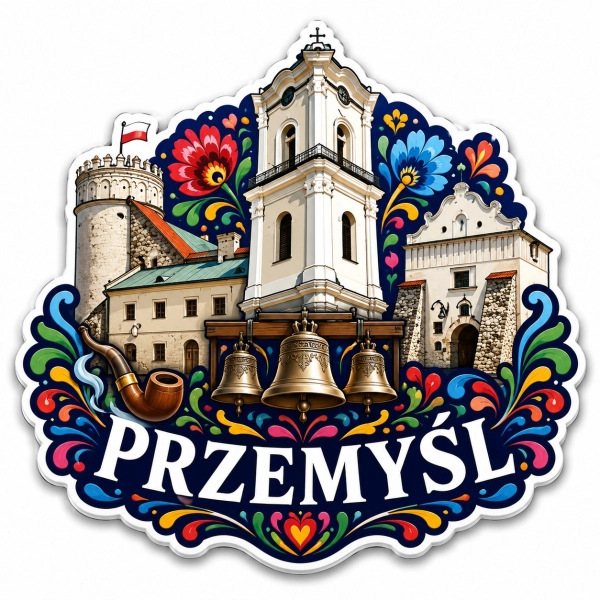 Magnes pamiątkowy z Przemyśla z motywem zamku i kwiatów