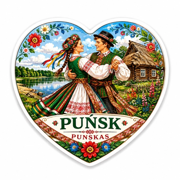 Magnes Puńsk z tańczącą parą w tradycyjnych strojach ludowych, kwiatami i chałupą na tle jeziora