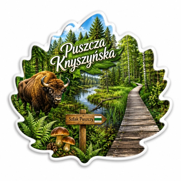 Magnes pamiątkowy Puszcza Knyszyńska z lasem, drewnianą ścieżką, jeziorem i żubrem