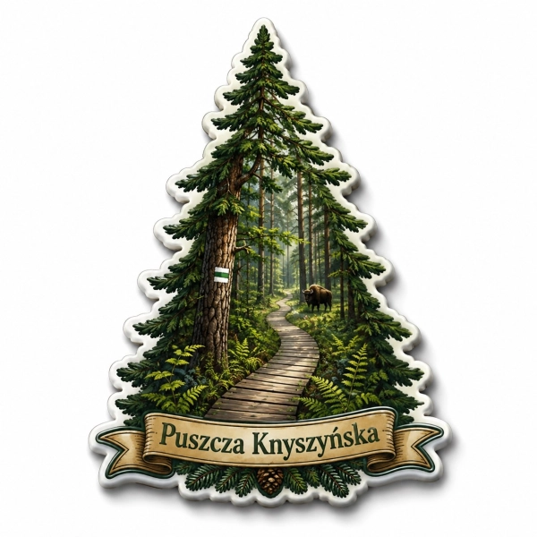 Magnes pamiątkowy Puszcza Knyszyńska z sosną, drewnianą ścieżką leśną i żubrem