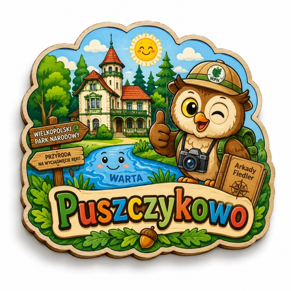 Pamiątkowy magnes Puszczykowo z motywem Wielkopolskiego Parku Narodowego