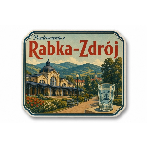 Magnes pamiątkowy Rabka-Zdrój z motywem dworca i parku