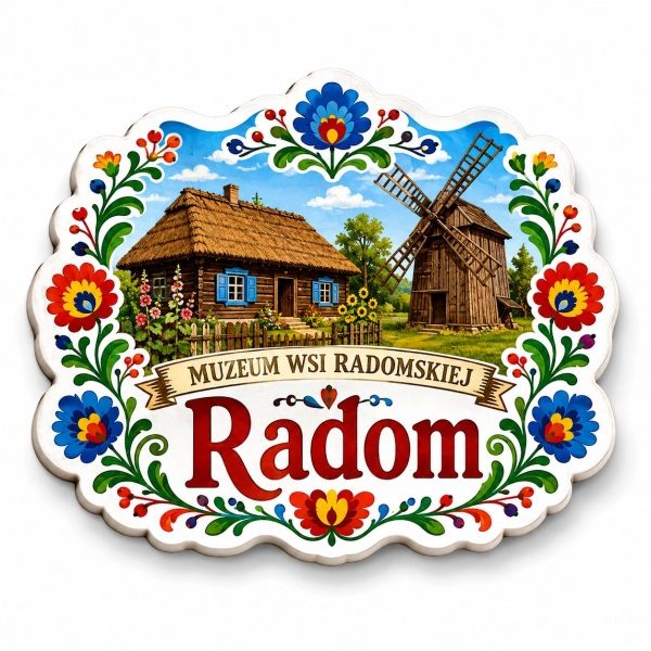 Pamiątkowy magnes Muzeum Wsi Radomskiej w Radomiu z motywem drewnianego domu, strzechy i wiatraka