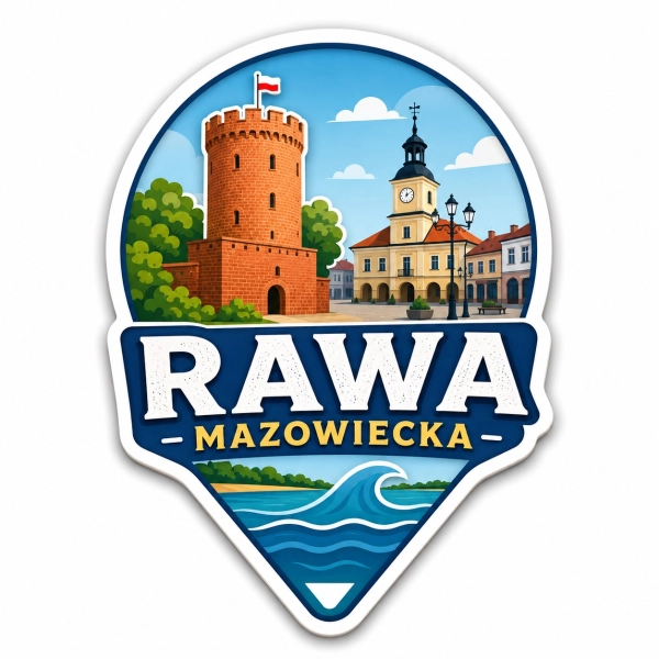 Magnes pamiątkowy Rawa Mazowiecka z motywem zamku i ratusza