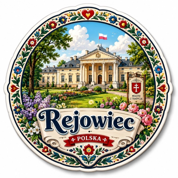 Magnes pamiątkowy Rejowiec z pałacem i kwiatami