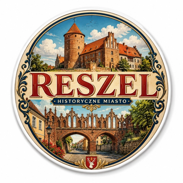 Magnes pamiątkowy Reszel z motywem zamku i mostu nad rzeką