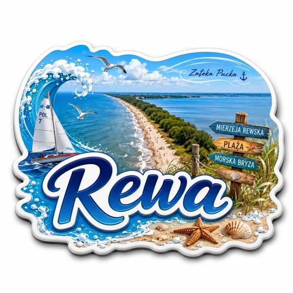 Magnes pamiątkowy Rewa z motywem plaży, morza i żaglówki