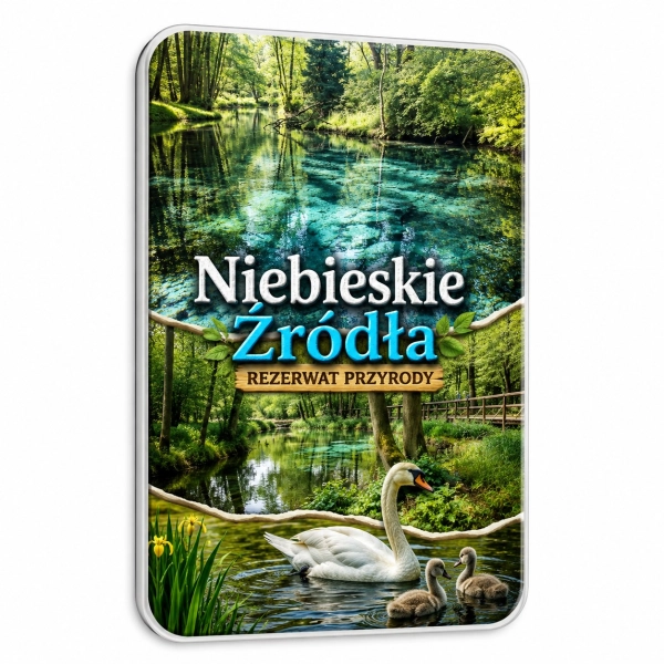 Magnes pamiątkowy Niebieskie Źródła – rezerwat przyrody, jezioro, las i ptaki