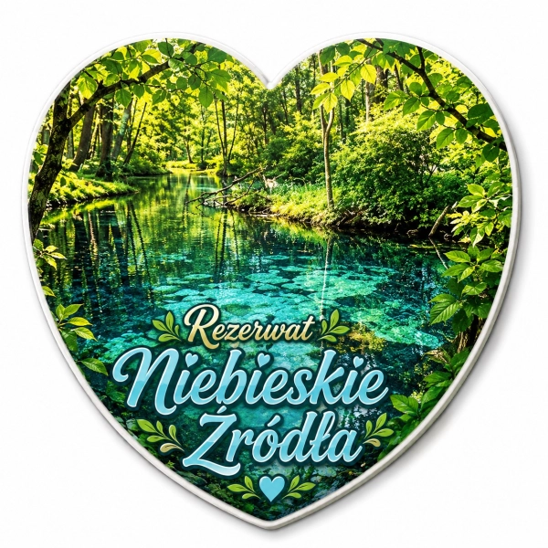 Magnes pamiątkowy Rezerwat Niebieskie Źródła z widokiem na niebieską wodę i las