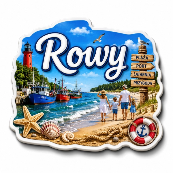 Magnes pamiątkowy Rowy z plażą, latarnią morską i łódkami rybackimi