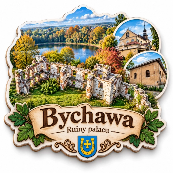 Magnes pamiątkowy przedstawiający ruiny pałacu w Bychawie