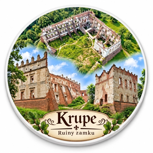 Magnes pamiątkowy przedstawiający ruiny zamku w Krupem