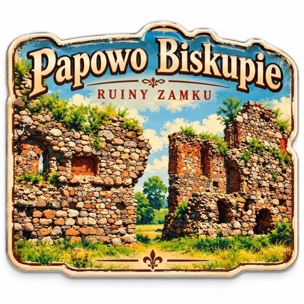 Magnes pamiątkowy przedstawiający ruiny zamku w Papowie Biskupim