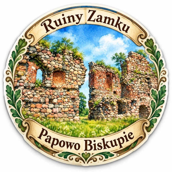Magnes pamiątkowy przedstawiający ruiny zamku w Papowie Biskupim