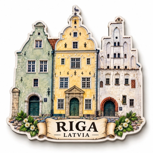 Magnes pamiątkowy z widokiem na historyczne budynki w Rydze