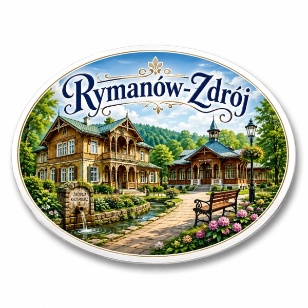 Magnes Rymanów-Zdrój z motywem drewnianego domu, fontanny i parku
