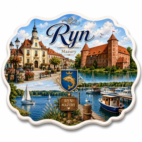 Pamiątkowy magnes Ryn przedstawiający zamek i starą część miasta nad jeziorem