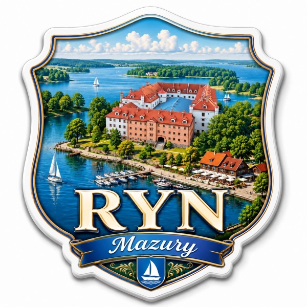 Magnes pamiątkowy przedstawiający zamek w Rynie