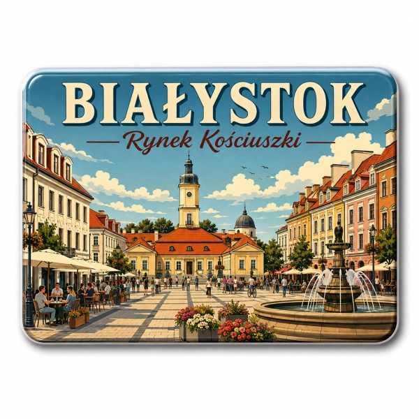 Magnes pamiątkowy z motywem Rynku Kościuszki w Białymstoku