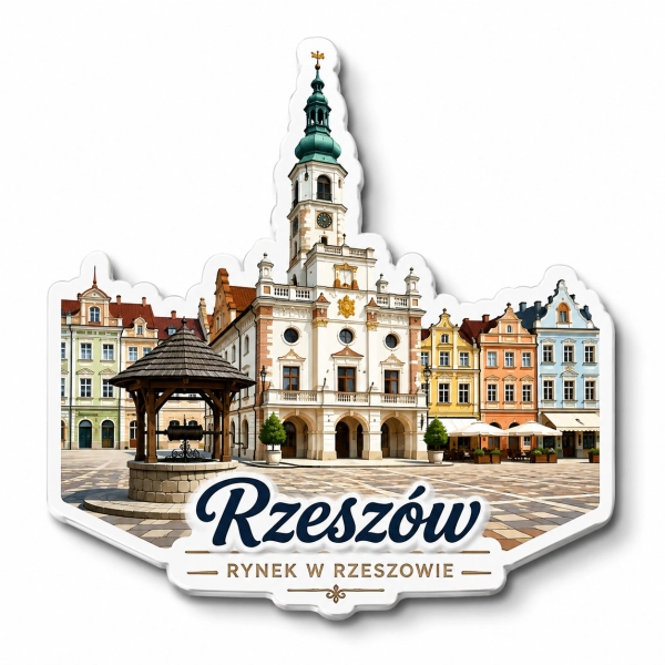 Magnes pamiątkowy przedstawiający Rynek w Rzeszowie z ratuszem