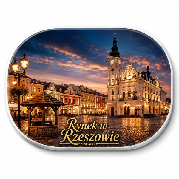 Magnes pamiątkowy z widokiem na Rynek w Rzeszowie, ratusz i kamienice
