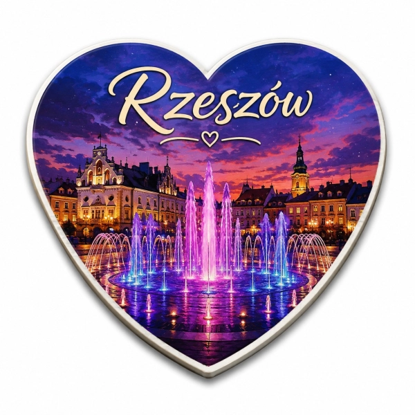 Pamiątkowy magnes Rzeszów z nocnym widokiem na Rynek Główny, fontannę i iluminację