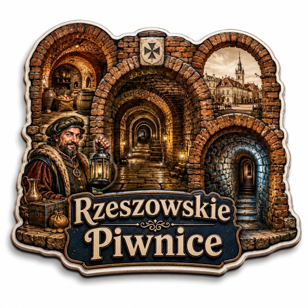 Magnes pamiątkowy Rzeszowskie Piwnice z motywem tunelu i latarni