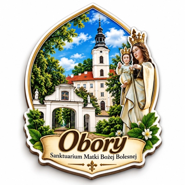 Magnes pamiątkowy z motywem Sanktuarium Matki Bożej Bolesnej w Oborach