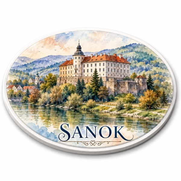 Magnes pamiątkowy Sanok z widokiem zamku nad rzeką San