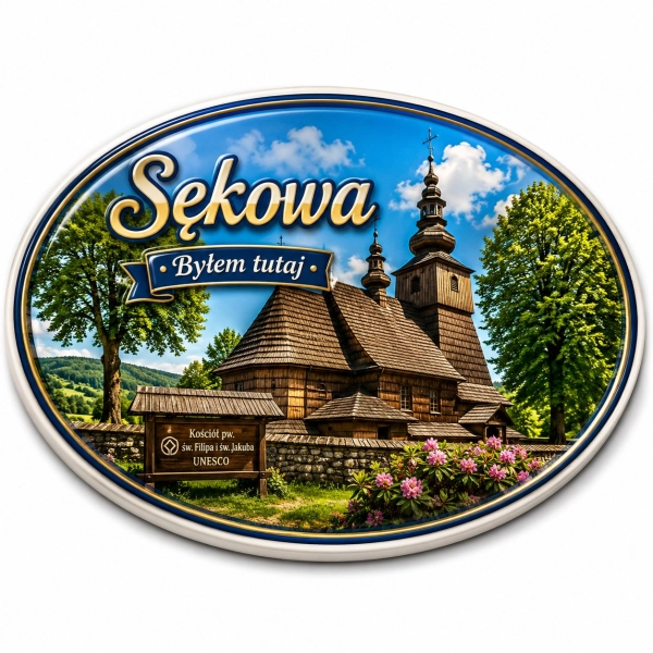 Magnes pamiątkowy Sękowa z motywem drewnianego Kościoła pw. św. Filipa i św. Jakuba UNESCO