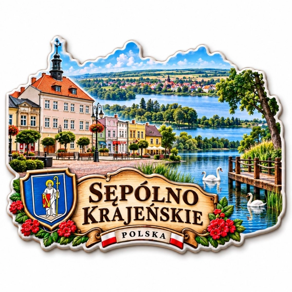 Magnes pamiątkowy Sępólno Krajeńskie z widokiem na miasto