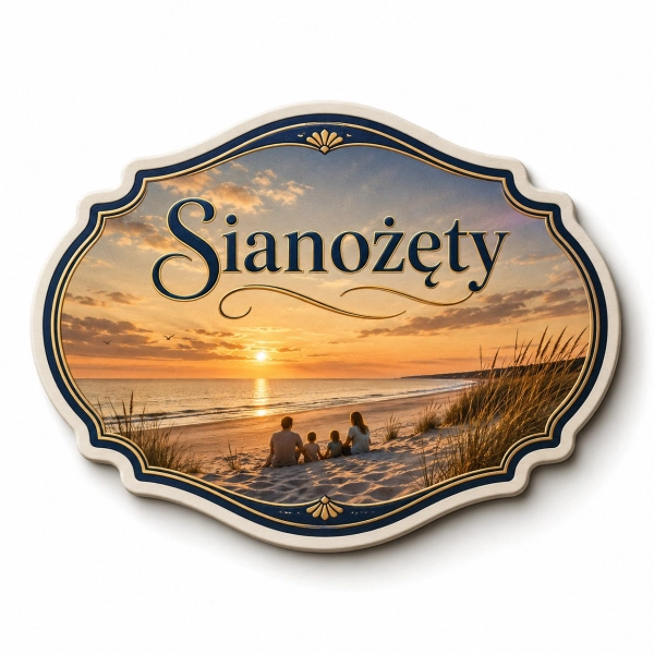 Pamiątkowy magnes Sianożęty przedstawiający plażę o zachodzie słońca i rodzinę na piasku