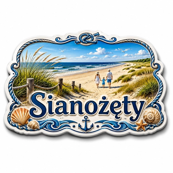 Pamiątkowy magnes z plażą w Sianożętach, piaskiem, trawą, morzem i chmurami
