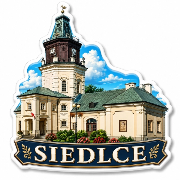 Magnes pamiątkowy Siedlce z motywem budynku z wieżą zegarową