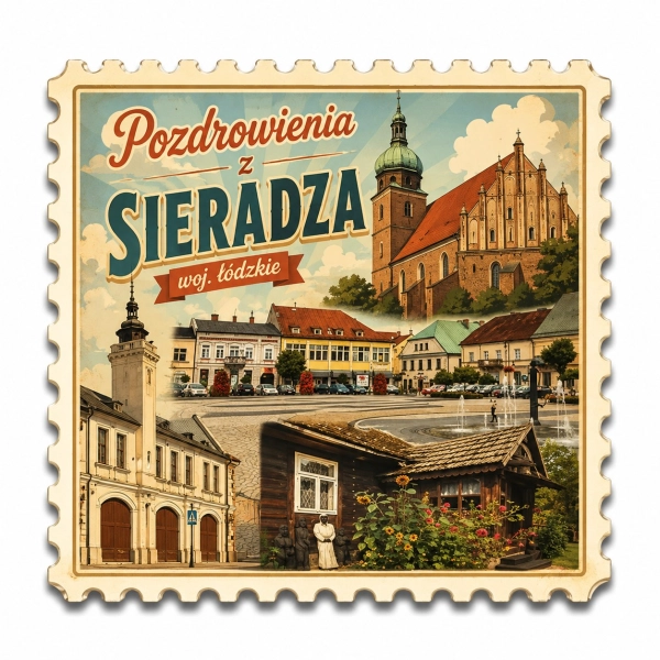 Magnes Sieradz z widokiem na ratusz, kościół i drewniany dom